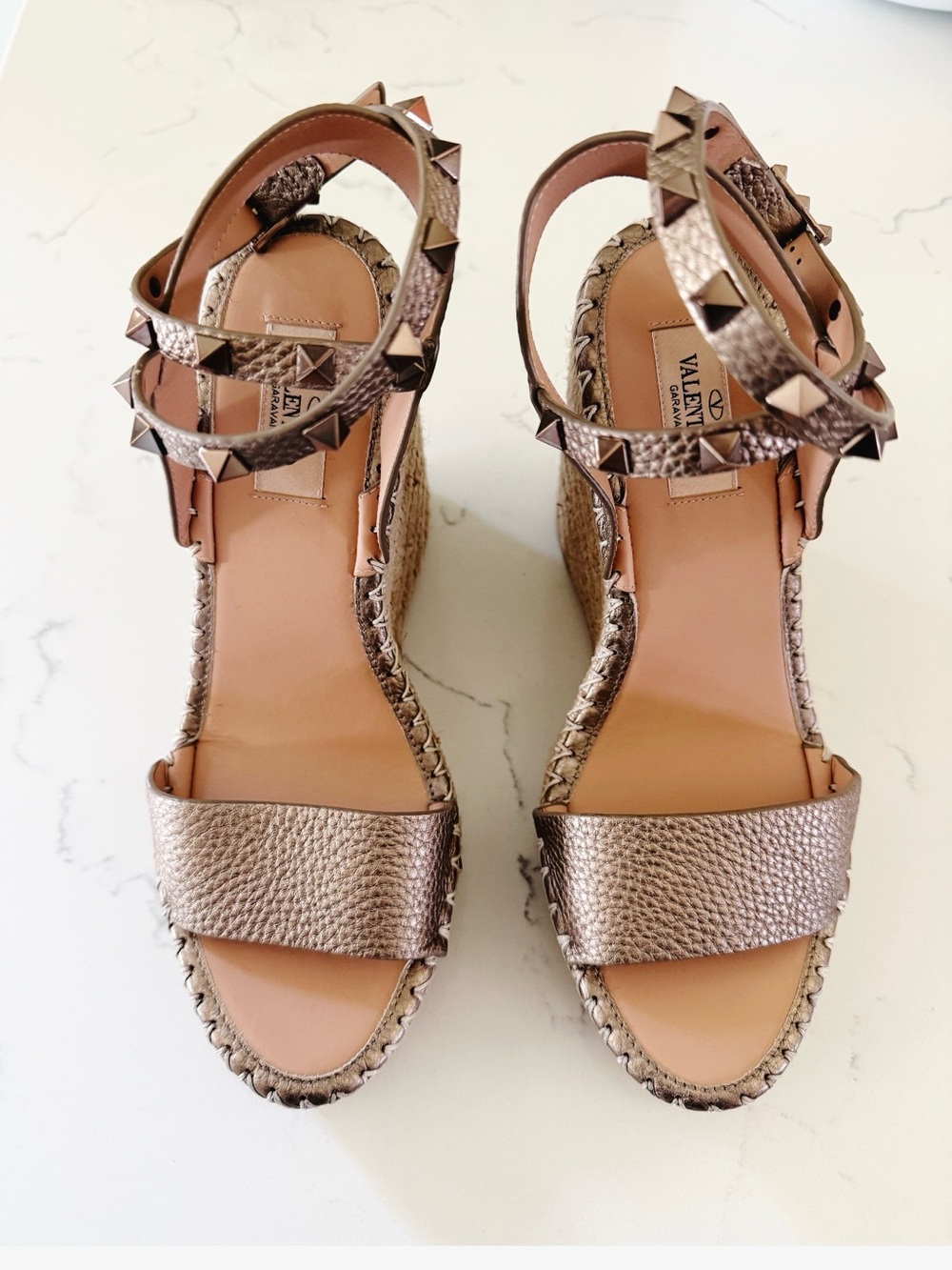 Valentino Rockstud Skin Ankle Strap Espadrille Platform Wedge Sandal Heel